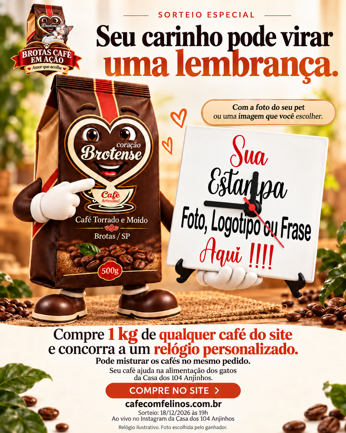 Promoção Café com Felinos: relógio personalizado, sorteio em 18 de dezembro de 2026 às 19h