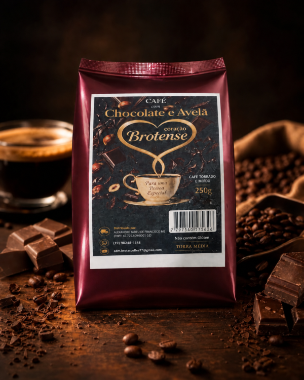 Embalagem Brotas Café Chocolate e Avelã, torrado e moído, 250 g