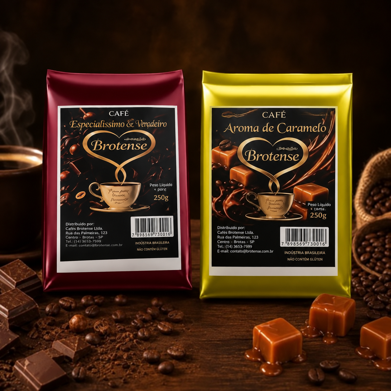 Sugestão de kit com duas embalagens Brotas Café de 250 g; sabores selecionáveis